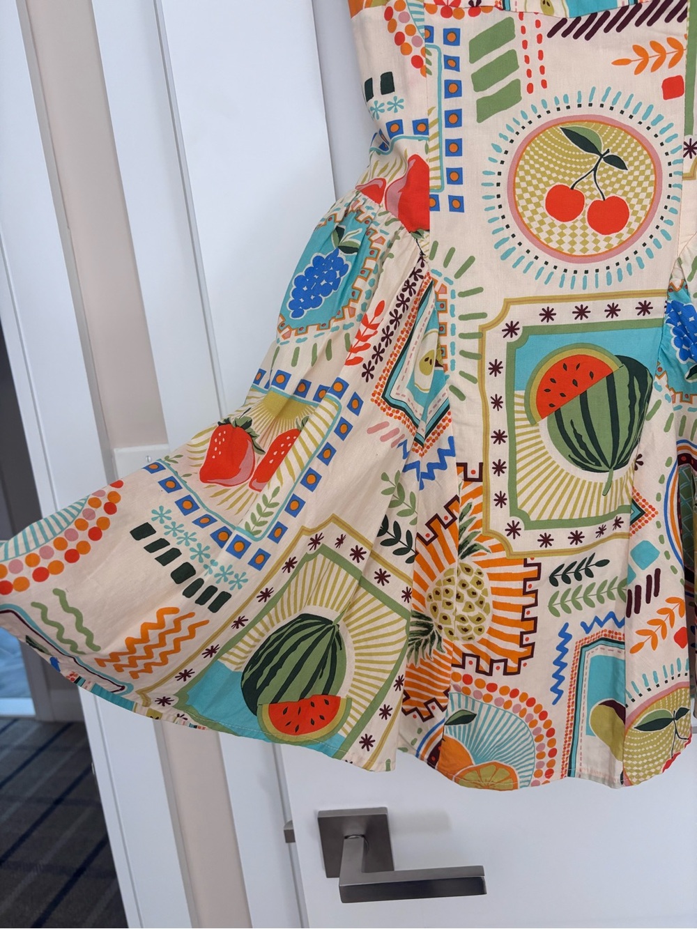 Cream Fruit Print Mini Dress with Square Neckline - Picture 3 of 7